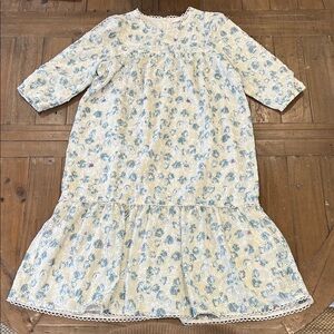 Lilou floral eyelet drop waist dress girls 14 cream blue modest Prairiecore